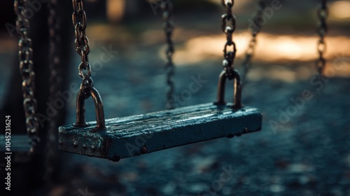 A close-up shot of the swing's seat, capturing the details and texture, with the chains softly blurred behind.