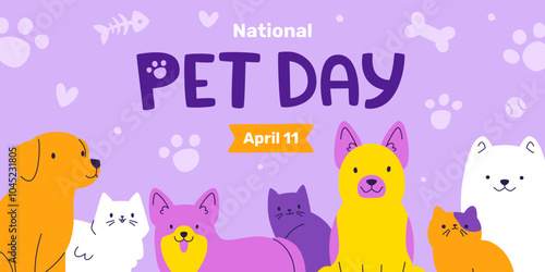 Cute pet day banner template with cats and dogs. Cartoon bright vector poster with flat pets.