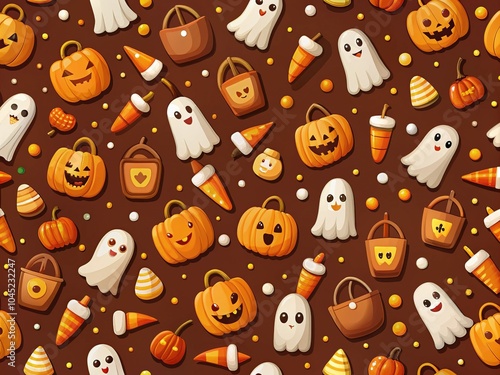 Halloween Trick or Treat Seamless Pattern Dark Orange Background