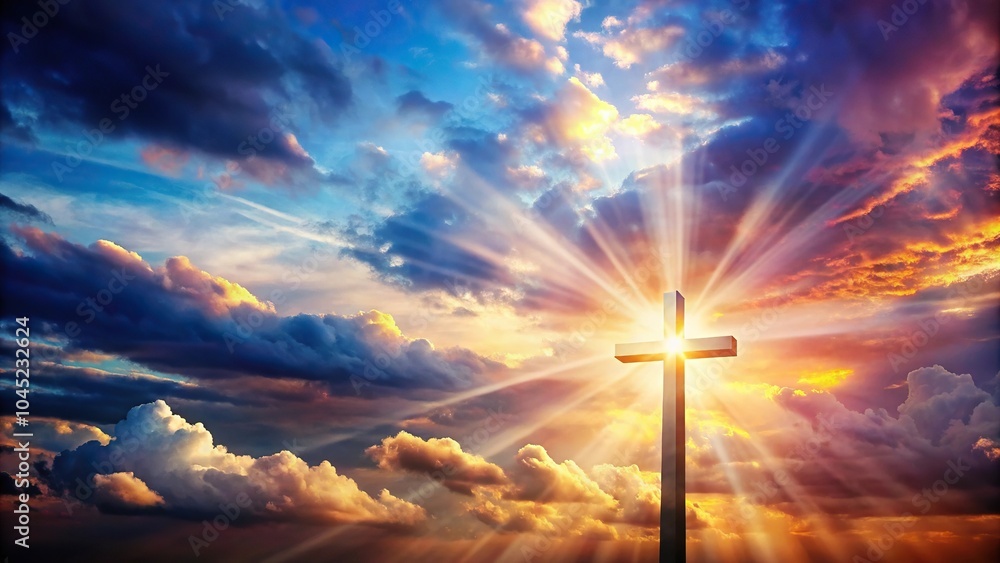 Obraz premium Forced perspective cross with radiating light in colorful cloudy sky