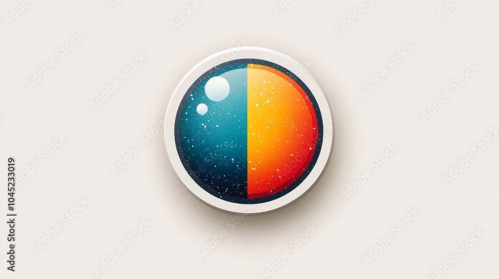 A vibrant, circular emblem featuring a split gradient of blue and orange with starry details, evoking a cosmic theme. A vibrant, circular emblem featuring a split gradient of blue and orange with starry details, evoking a cosmic theme.