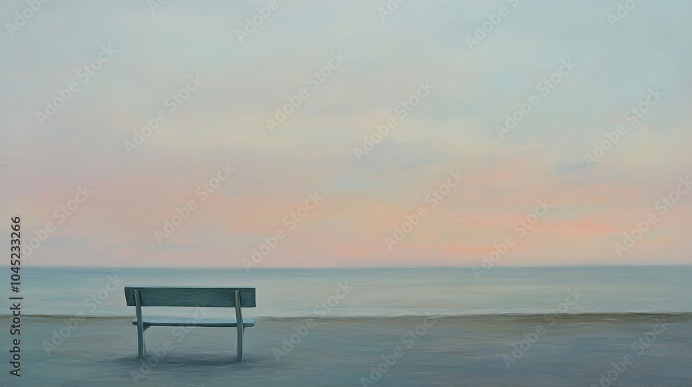 An empty bench on a quiet beach, overlooking the serene sea under a soft, pastel-colored sky at dusk. An empty bench on a quiet beach, overlooking the serene sea under a soft, pastel-colored sky at dusk.