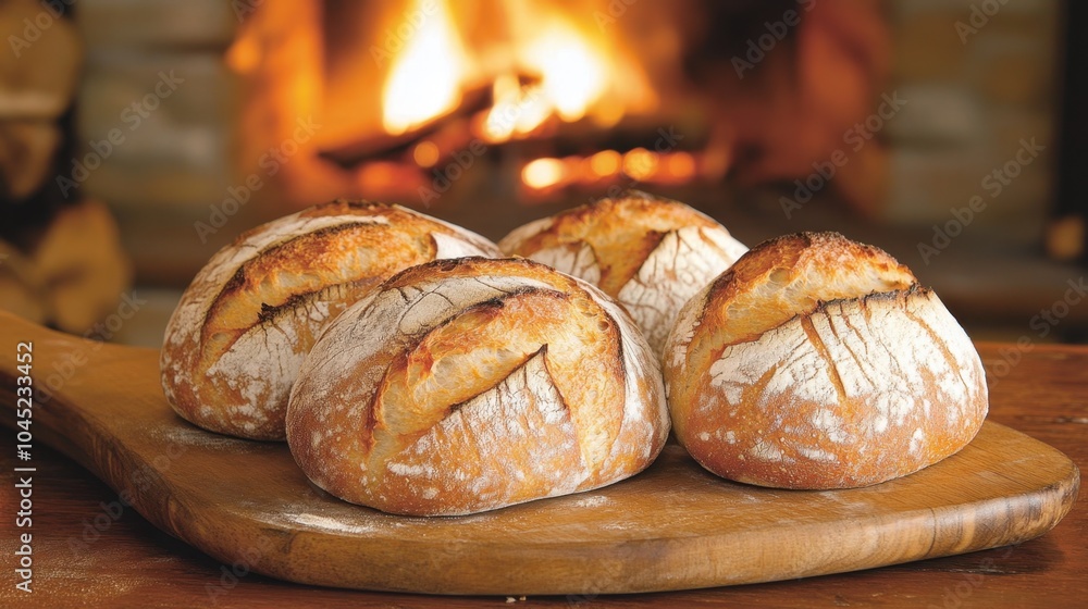 Artisan loaves of bread fresh from the oven, placed on a wooden board with an inviting fireplace in the background. Artisan loaves of bread fresh from the oven, placed on a wooden board with an inviting fireplace in the background.