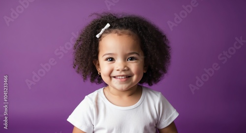 mixed race toddler girl purple background wearing plain white tshirt smiling happy portrait