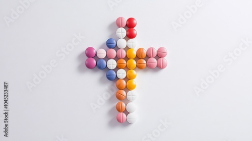 Pills arranged in a cross shape on a stark white background, symbolizing the relationship between faith, medicine, and the trust placed in healthcare systems.