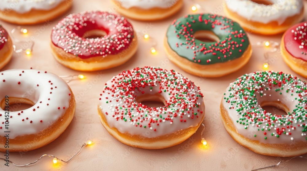 Holiday-Themed Festive Donut Concept for Christmas Season. A colorful display of festive donuts with icing and sprinkles arranged on a wooden surface adorned with warm lights Holiday-Themed Festive Donut Concept for Christmas Season. A colorful display of festive donuts with icing and sprinkles arranged on a wooden surface adorned with warm lights