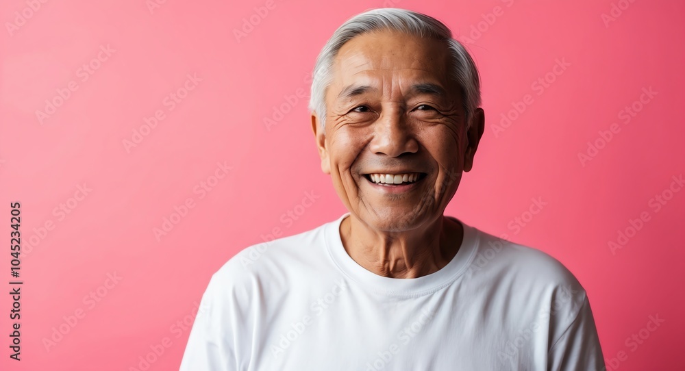 southeast asian elderly man pink background wearing plain white tshirt smiling happy portrait southeast asian elderly man pink background wearing plain white tshirt smiling happy portrait