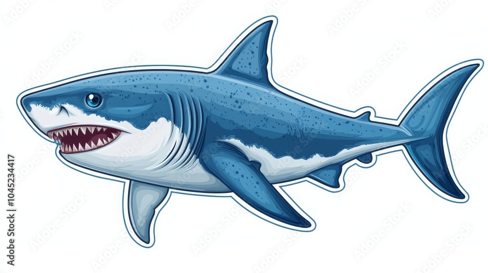 A vibrant illustrated shark with sharp teeth and a sleek blue body, swimming gracefully in an aquatic environment. A vibrant illustrated shark with sharp teeth and a sleek blue body, swimming gracefully in an aquatic environment.