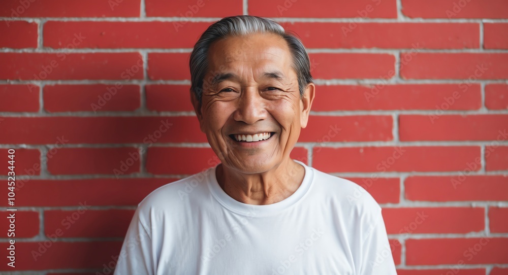 southeast asian elderly man red background wearing plain white tshirt smiling happy portrait southeast asian elderly man red background wearing plain white tshirt smiling happy portrait