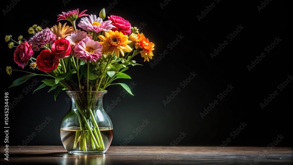 Forced perspective flowers in a vase isolated on black background Forced perspective flowers in a vase isolated on black background