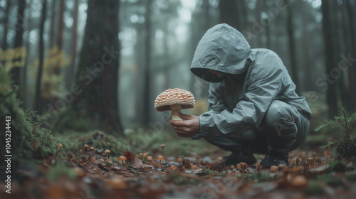 Mushroom Picker in Raincoat Kneeling on Forest Floor photo