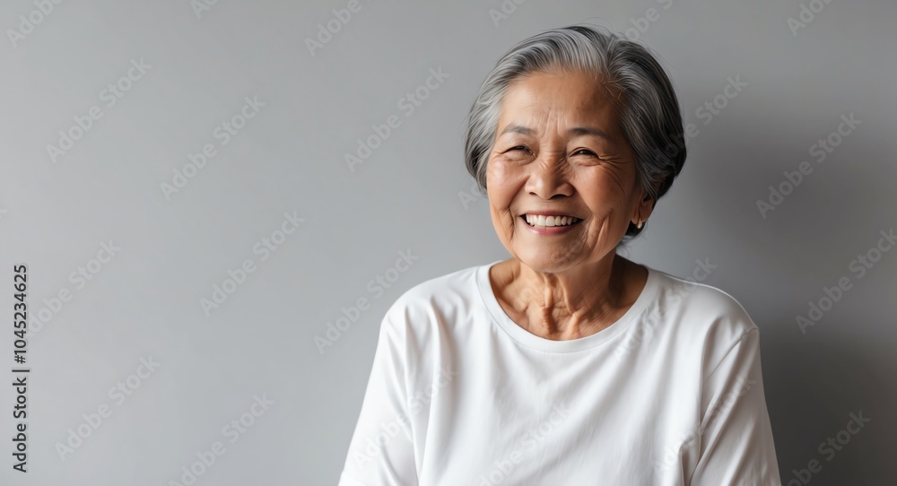 southeast asian elderly woman black background wearing plain white tshirt smiling happy portrait southeast asian elderly woman black background wearing plain white tshirt smiling happy portrait