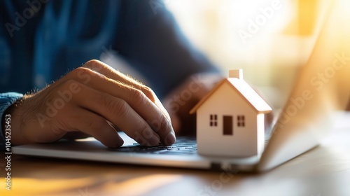 Remote work concept, hands typing on laptop with small house model, soft focus. photo