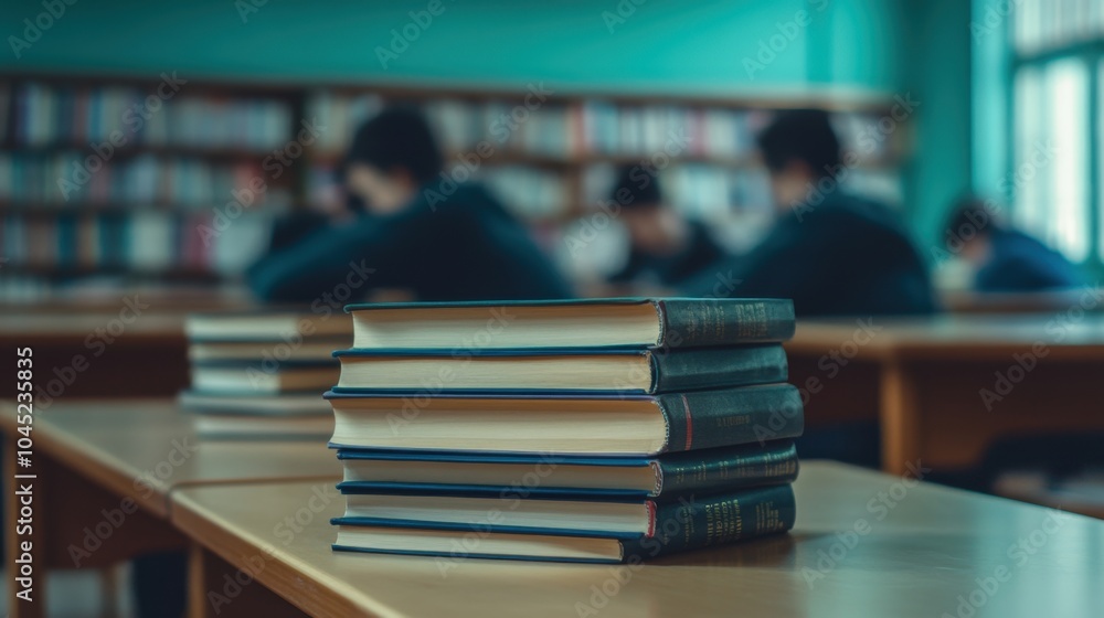 Books lined up on a classroom shelf, with blurred students working in the background, representing education and academic growth Books lined up on a classroom shelf, with blurred students working in the background, representing education and academic growth