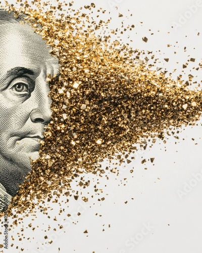 Dollar Bill Breaking Apart with Gold Dust photo