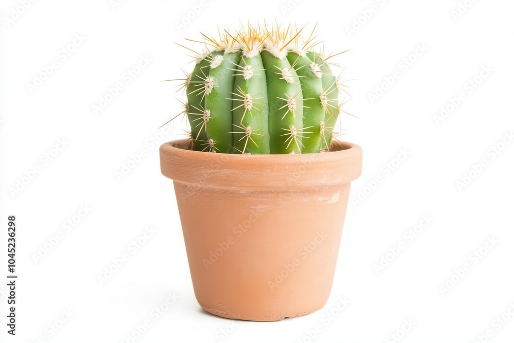 Spiny cactus in a pot, white isolated background. Spiny cactus in a pot, white isolated background.