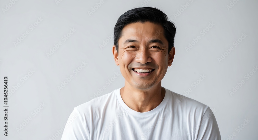 southeast asian mature guy white background wearing plain white tshirt smiling happy portrait southeast asian mature guy white background wearing plain white tshirt smiling happy portrait