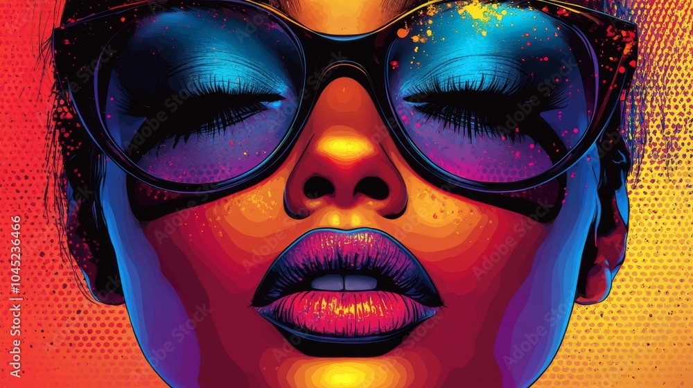 A vibrant portrait of a Black woman with bold makeup, colorful sunglasses, and a striking artistic style. A vibrant portrait of a Black woman with bold makeup, colorful sunglasses, and a striking artistic style.