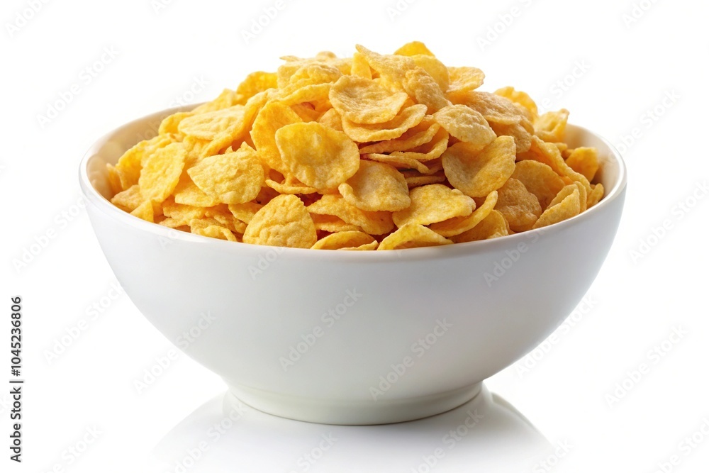 Forced perspective image of a white bowl filled with cornflake cereal isolated on white background Forced perspective image of a white bowl filled with cornflake cereal isolated on white background