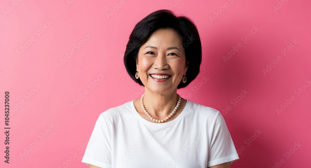 southeast asian mature woman pink background wearing plain white tshirt smiling happy portrait southeast asian mature woman pink background wearing plain white tshirt smiling happy portrait