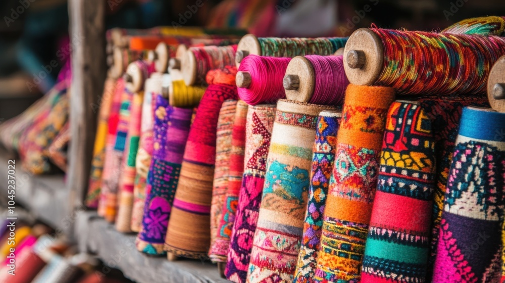 Fototapeta premium Brightly colored fabrics displayed in a row, with spools of matching thread, representing the creativity and diversity of textiles.