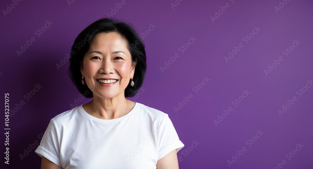 southeast asian mature woman purple background wearing plain white tshirt smiling happy portrait