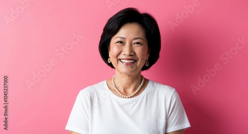 southeast asian mature woman pink background wearing plain white tshirt smiling happy portrait