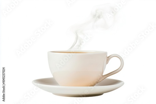 White cup of steaming coffee on saucer, isolated on white background. photo