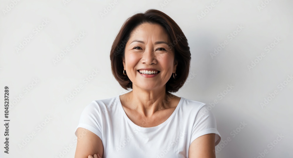 southeast asian mature woman white background wearing plain white tshirt smiling happy portrait southeast asian mature woman white background wearing plain white tshirt smiling happy portrait