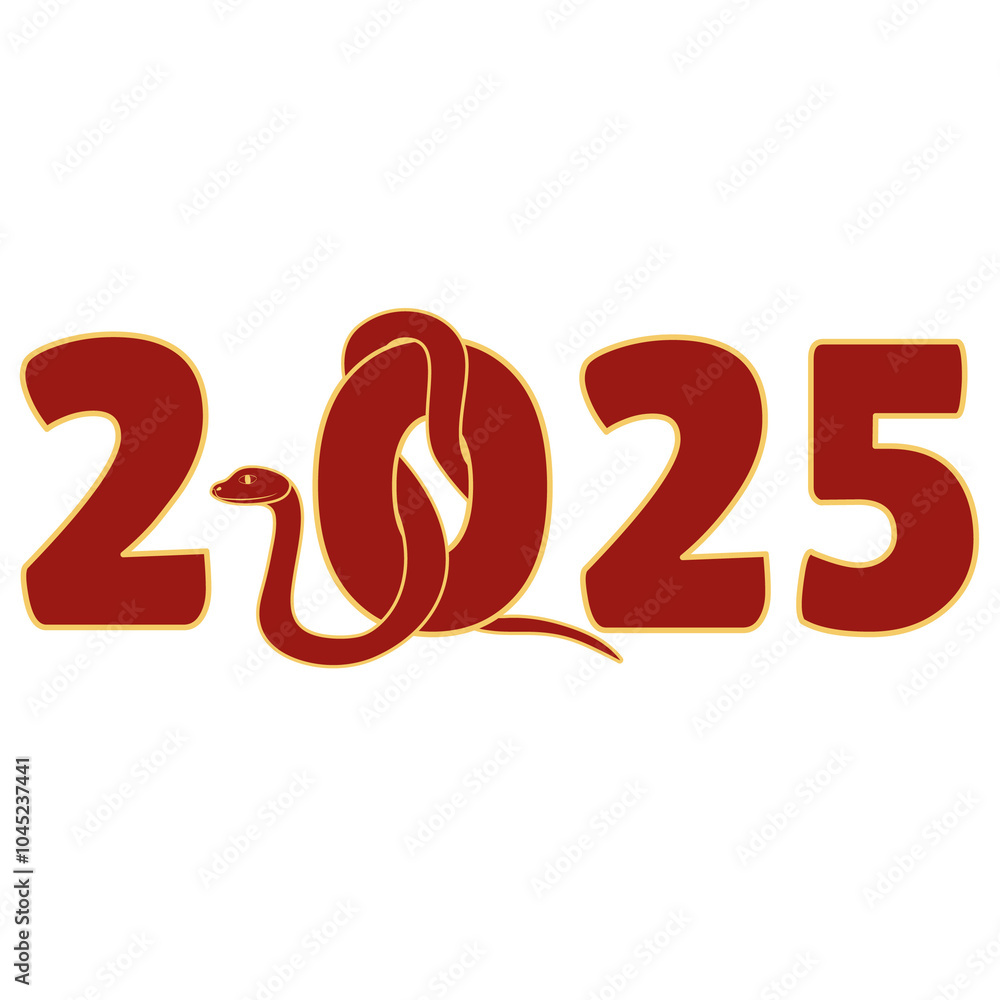 Chinese 2025 Red New Year Numeric. Zodiac Asia Snake with Gold Contour Chinese 2025 Red New Year Numeric. Zodiac Asia Snake with Gold Contour