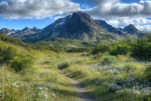 Hiking trail winding through wildflower meadow below rugged mountain peak