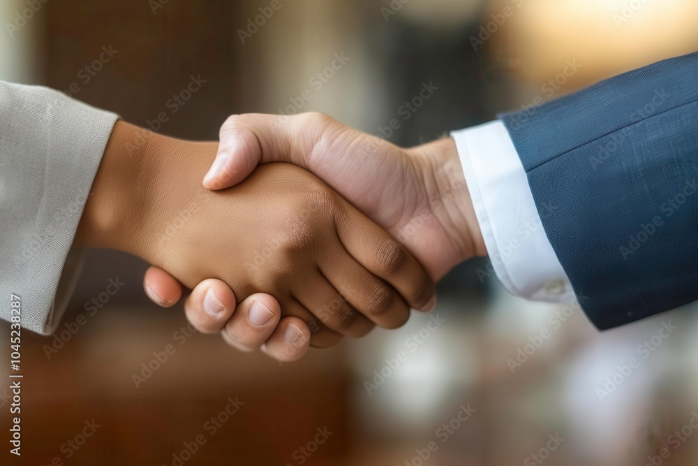 Close-up handshake between two professionals in a business setting. Close-up handshake between two professionals in a business setting.