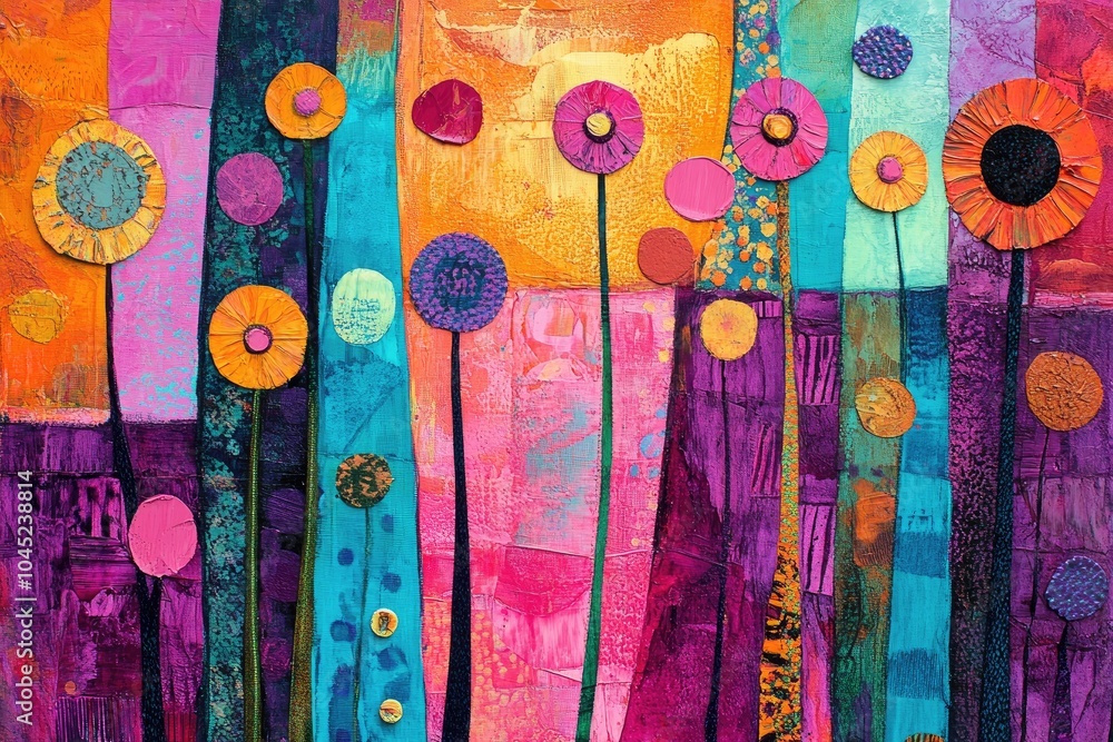 Colorful abstract flowers growing in a pop art style garden painting Colorful abstract flowers growing in a pop art style garden painting