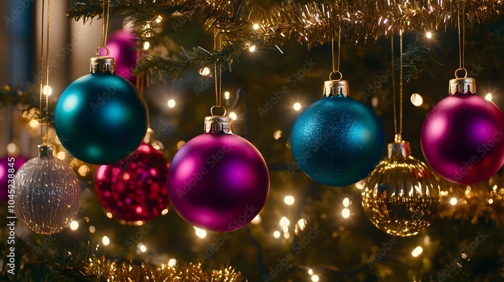 Closeup of colorful baubles hanging on a Christmas tree with warm lights and golden tinsel. Closeup of colorful baubles hanging on a Christmas tree with warm lights and golden tinsel.