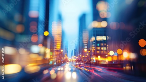 A blurred cityscape background with soft focus, capturing the lights of buildings and cars, providing a modern, urban vibe for websites or presentations.