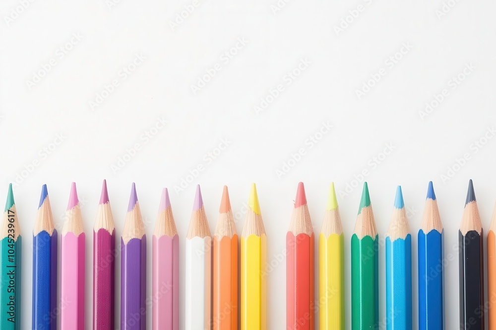 Colorful pencils arranged in a row on a white background. Colorful pencils arranged in a row on a white background.