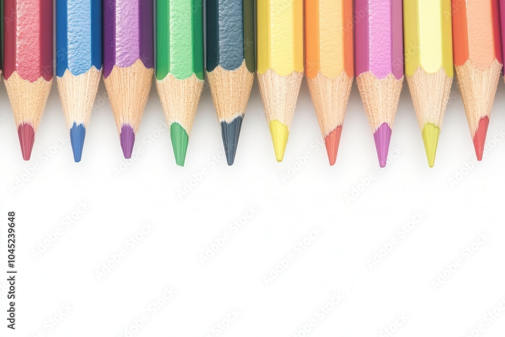 Colorful pencils arranged in a row on a white isolated background. Colorful pencils arranged in a row on a white isolated background.