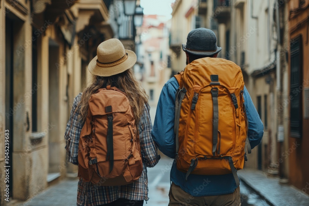 Young tourist couple walking in european city center with backpacks Young tourist couple walking in european city center with backpacks