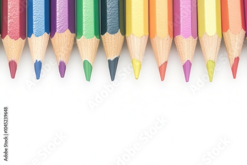 Colorful pencils arranged in a row on a white isolated background. photo