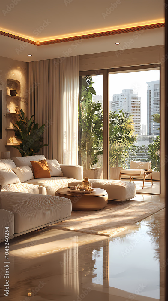 Fototapeta premium Design for a cream-colored apartment living room with smooth arc doors, comfortable furniture, and simple lighting.