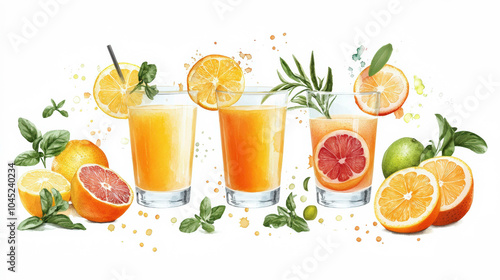 A vibrant assortment of refreshing orange juices garnished with citrus slices and mint, perfect for a sunny day.