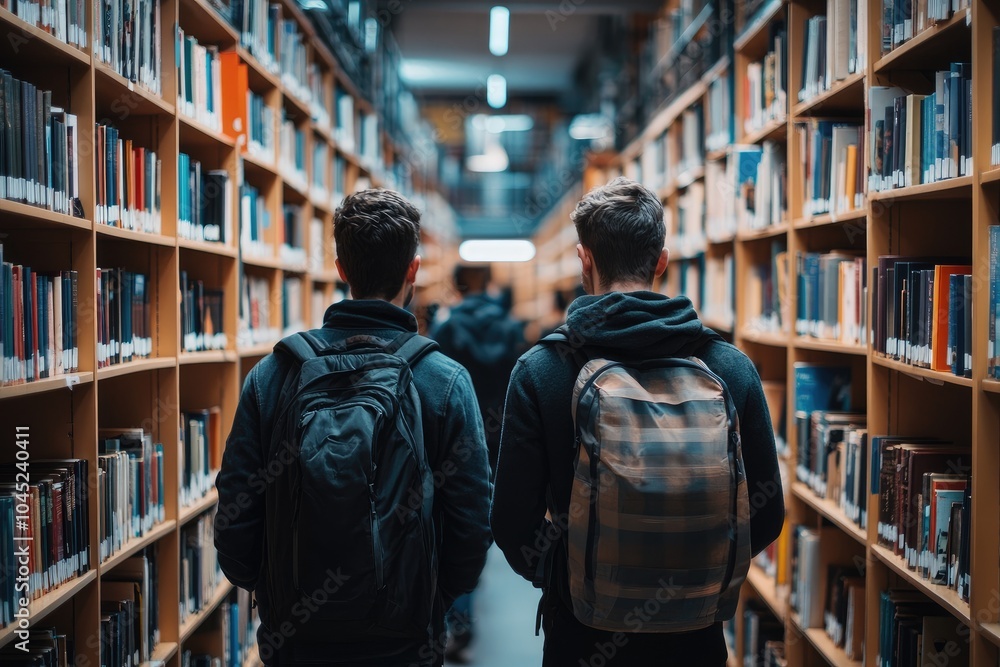 Fototapeta premium Two students walking down library aisle with backpacks