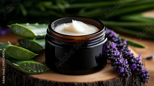 A glass jar of natural cream with aloe vera leaves and lavender flowers on a wooden surface.