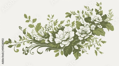 Elegant floral design in shades of green featuring intricate leaves and blooming flowers.