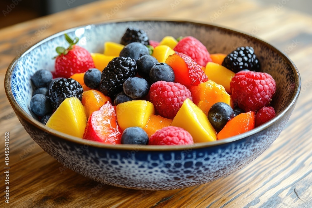 Delicious fruit salad sitting in blue bowl on rustic wooden table Delicious fruit salad sitting in blue bowl on rustic wooden table