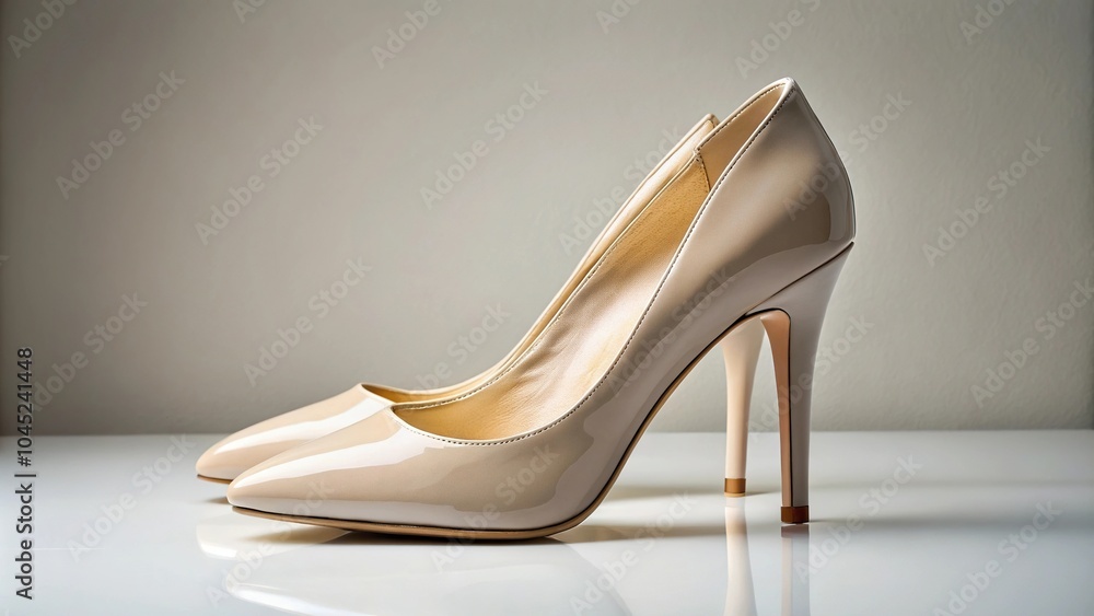 Forced perspective of beige high heels on a neutral background Forced perspective of beige high heels on a neutral background