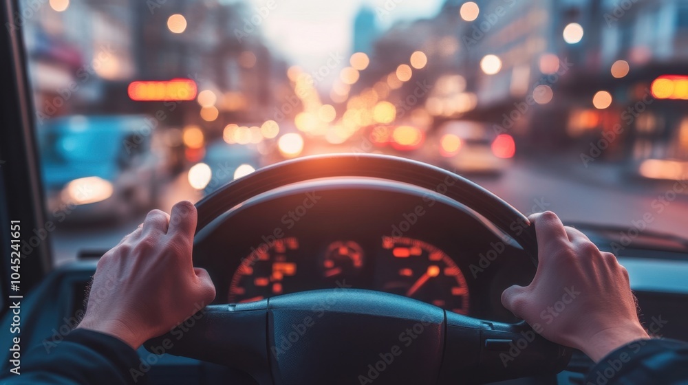 Close-up of hands controlling the wheel of a modern bus, steering through city streets, dashboard panel in focus Close-up of hands controlling the wheel of a modern bus, steering through city streets, dashboard panel in focus