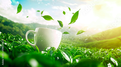 Cup of hot tea and green tea leaves on a background of tea plantation. Banner. Copy space.