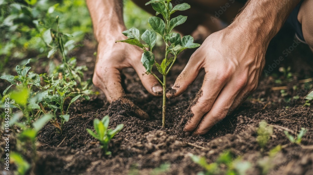 Close-up of hands planting a young tree in forest soil, symbolizing forest restoration and reforestation efforts. Close-up of hands planting a young tree in forest soil, symbolizing forest restoration and reforestation efforts.