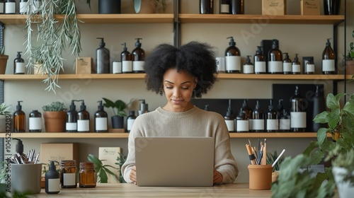 Young Entrepreneur Working on Laptop in Modern Natural Product Storefront with Natural Products Display.